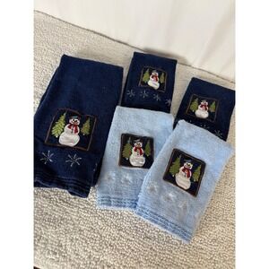Set Of 5 Embroidered Snowman Hand Towels Blue Light Blue Christmas Holiday Decor
